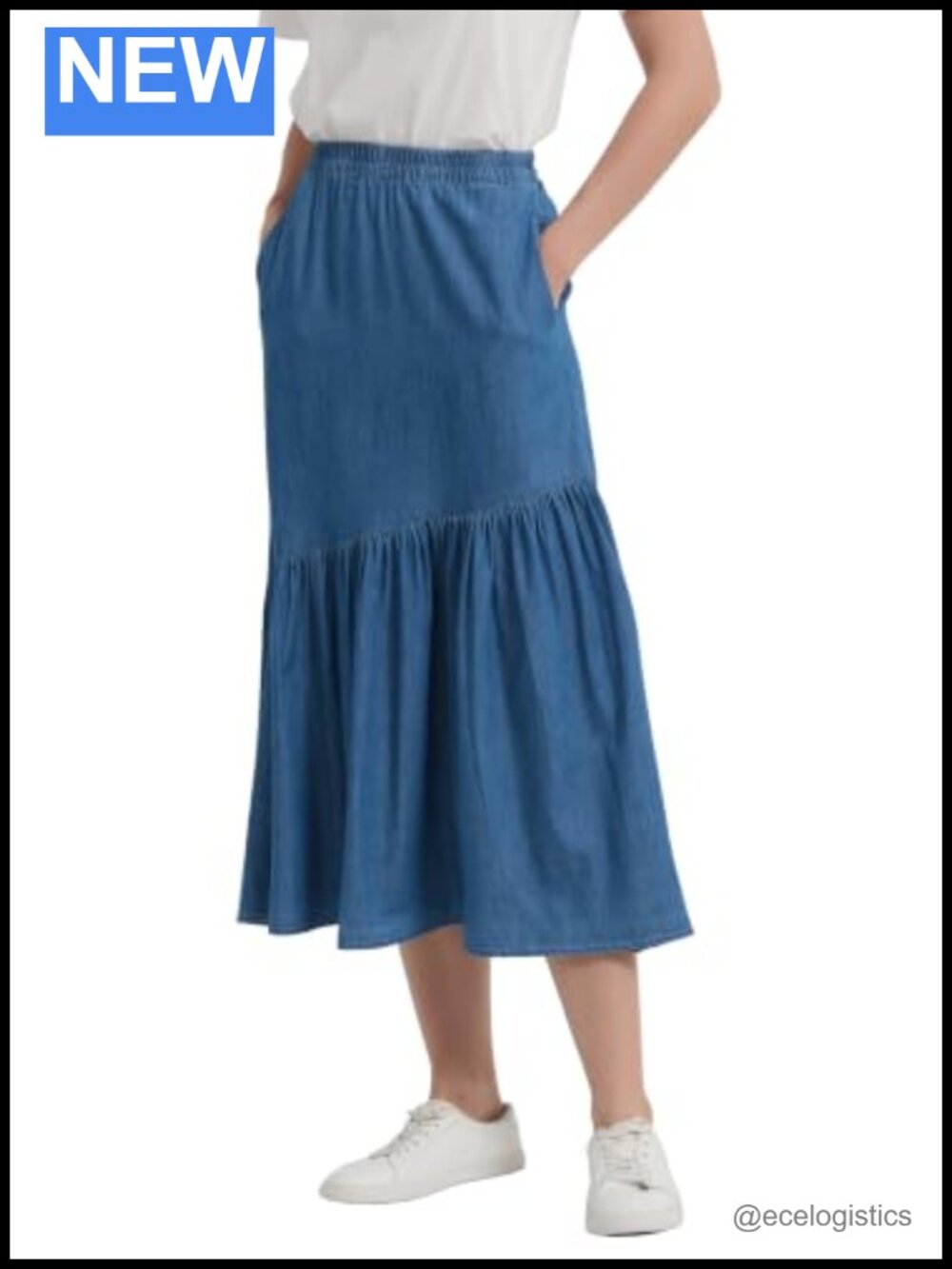 Women's Cotton Denim A-Line Midi Skirt Pleated Ruffled with Pockets
